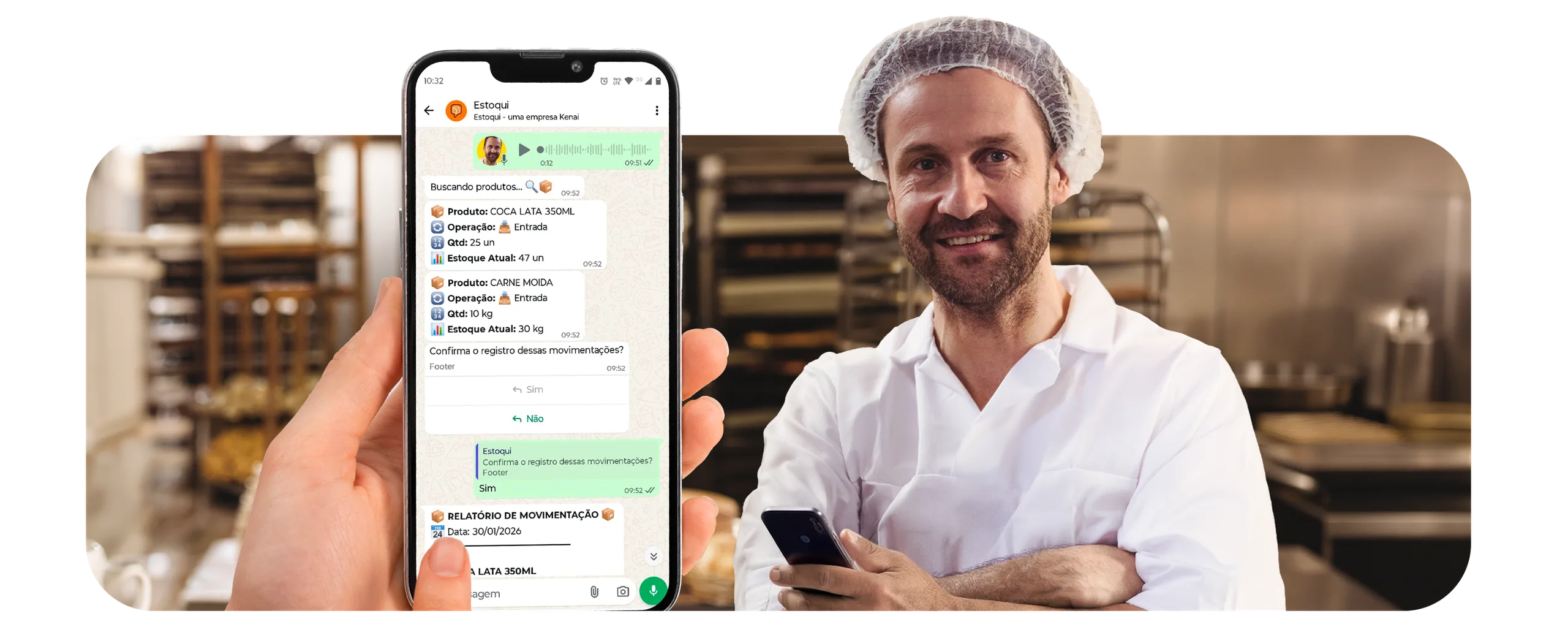Dono de padaria usando a Estoqui no WhatsApp: celular com a conversa e o profissional sorrindo na cozinha