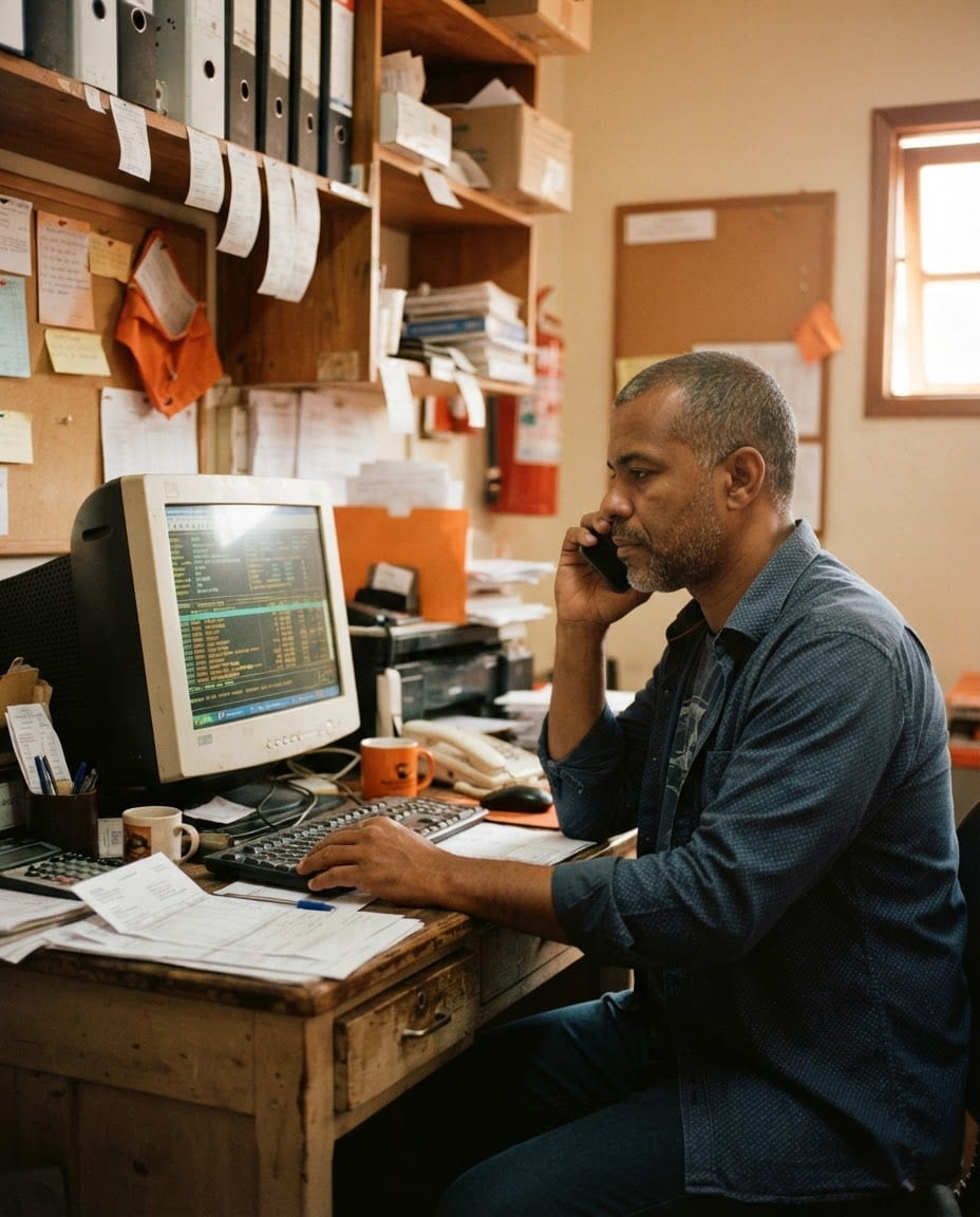 Dono de restaurante usando um ERP antigo no computador enquanto fala ao telefone